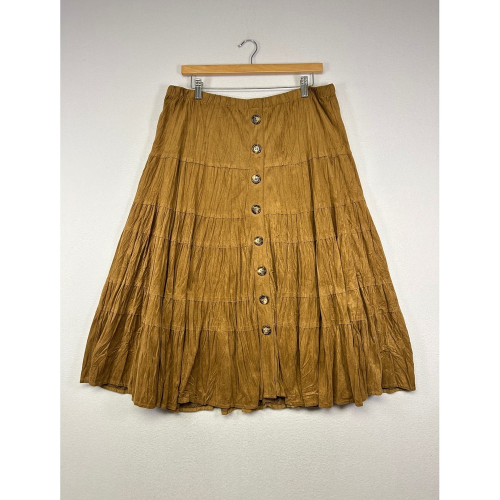 Boho Western Coldwater Creek Womens PL Brown Faux Suede Tiered Button Midi Skirt